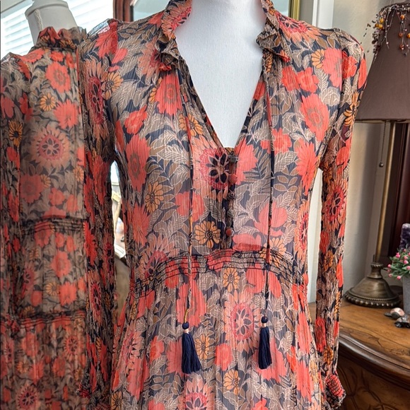 Anthropologie Orange and Gray Long Sleeve Sheer Dress - Picture 4 of 16